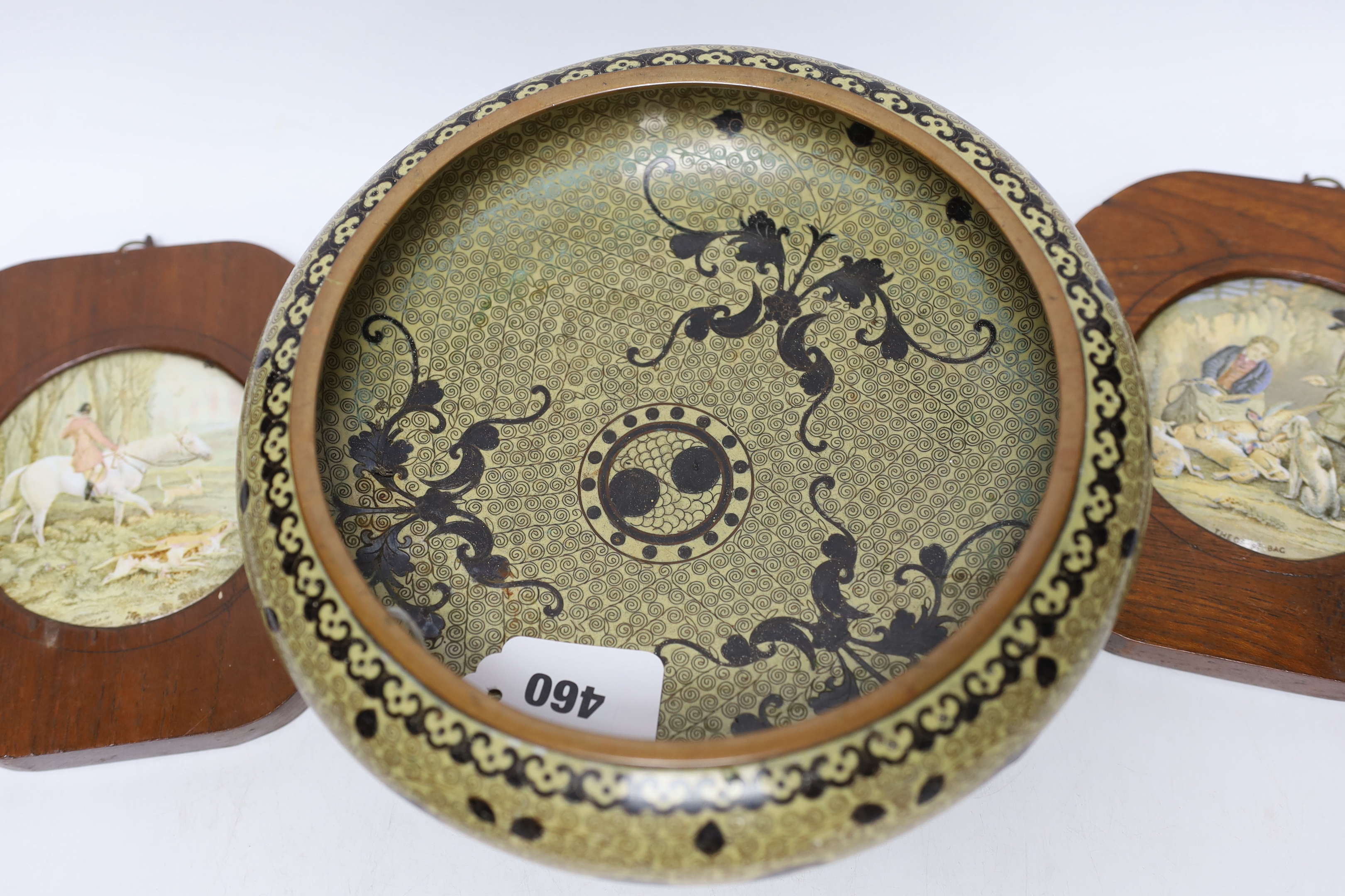 A Chinese cloisonné enamel bowl on a wooden stand, a pair of cloisonné jars with covers, and four 19th century Prattware pot lids, largest 25cm in diameter